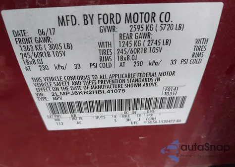 2017 Lincoln Mkx Select z USA, uszkodzony, nr VIN 2LMPJ8KR2HBL41075